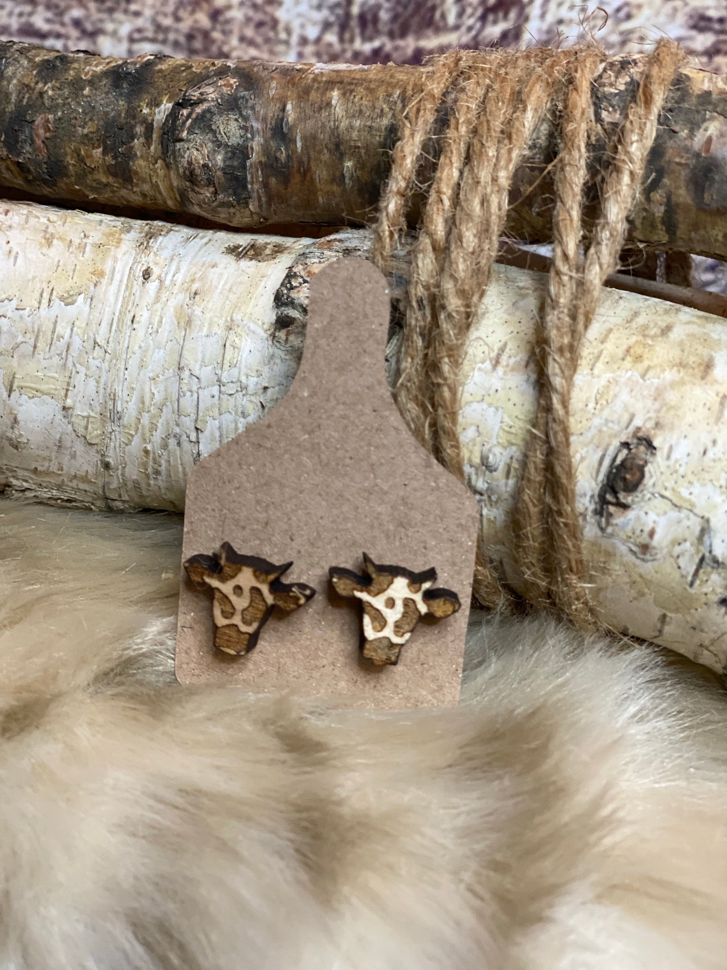 Wooden Cow Head Earring