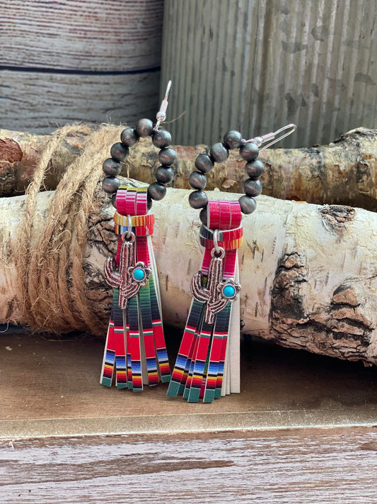 Cactus Silver Pearl Loop Serape Tassel Earrings