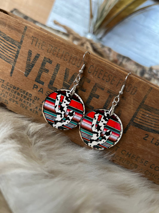 Cactus Cow Serape Round Earrings