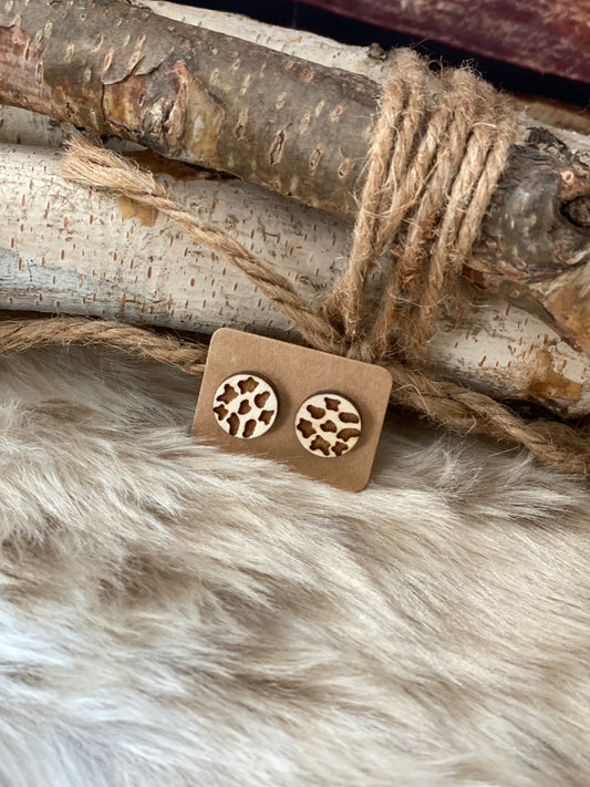 Wooden Circle Cow Print Stud